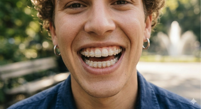Patient smiling with clear ceramic braces at Elite Orthodontics Studio in Garden City, NY