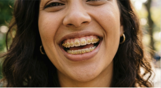 Patient smiling with warm gold-tone braces at Elite Orthodontics Studio in Garden City, NY